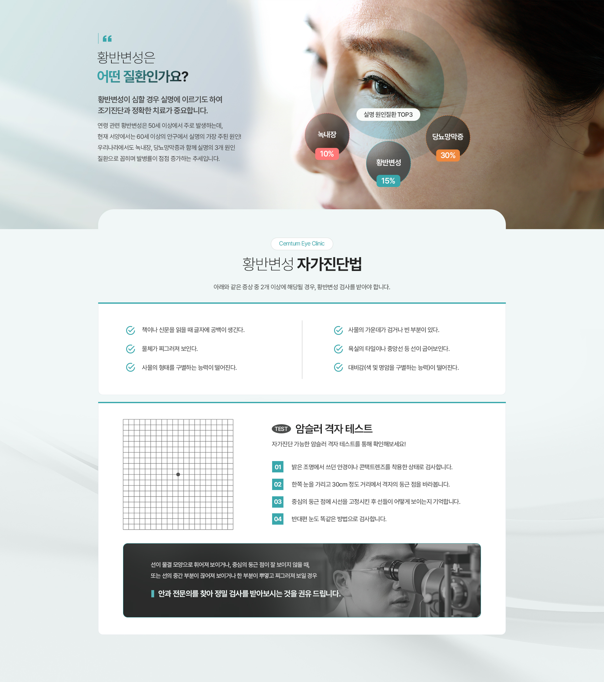 실명 원인질환 TOP3 녹내장 10% 황반변성 15% 당뇨망막증 30%