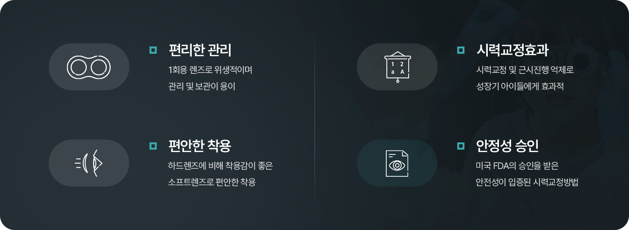 편리한 관리/시력교정효과/편안한 착용/안정성 승인